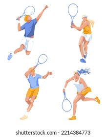 Eine Reihe verschiedener Tennisspieler. Professioneller Großsport. Zeichendesign. Einzeln auf weißem Hintergrund. Vektorgrafik