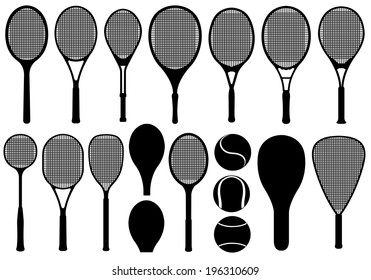 Set of different tennis rackets isolated on white