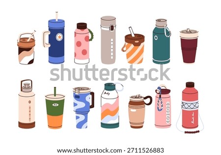Set of different termoses and thermo mugs. Plastic and metal tumblers for hot drinks. Bottles, cups and containers for tea and coffee takeaway. Flat isolated vector illustrations on white background