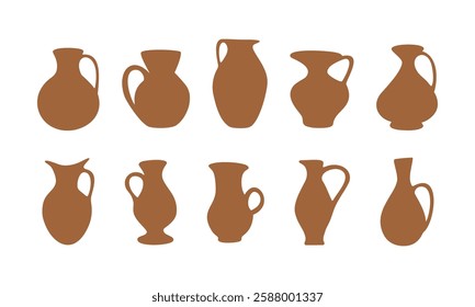 Set of different terracotta water jugs with handles pottery flat vectors