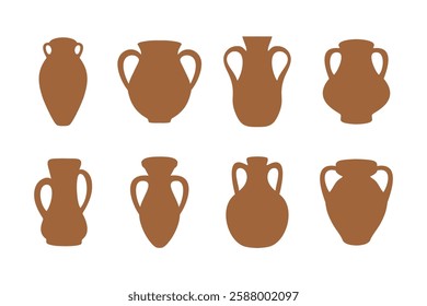 Set of different terracotta water jugs with handles pottery flat vectors