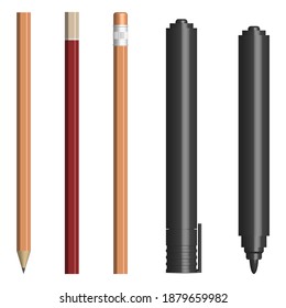 Set of different text markers and pencils, with and without a cup. Isolated on white background, vector illustration.