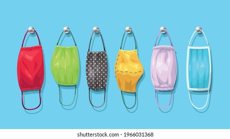 Set Of Different Textile Face Masks Hanged