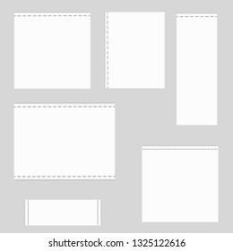 Set of different textile tags. Collection of narrow, wide, large, small, vertical, horizontal labels for clothes. Vector white sticker with place for text.