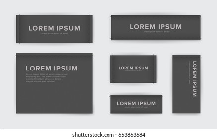 Set of different textile tags. Collection of narrow, wide, large, small, vertical, horizontal labels for clothes. Vector black sticker with place for text.