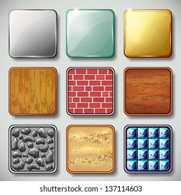 Set of different textured apps icons, design elements. Vector illustration