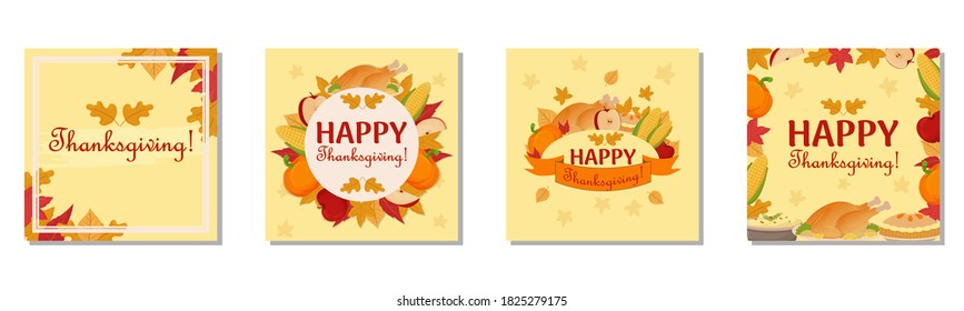 Set of different Thanksgiving cards with autumn elements, pumpkin, roasted turkey, corn and traditional pie. 