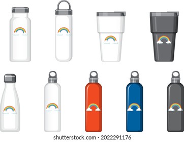 Set of different thermo bottles with rainbow pattern illustration