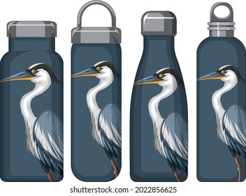 Set of different thermos bottles with blue pelican pattern illustration