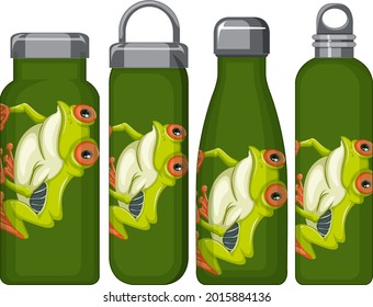 Conjunto de diferentes botellas termo con ilustración de patrón de rana