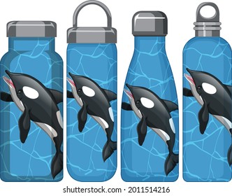 Set of different thermos bottles with orca whale pattern illustration