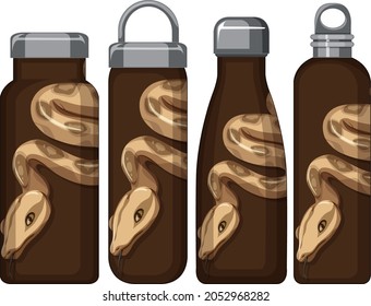 Set of different thermos bottles with snake pattern illustration