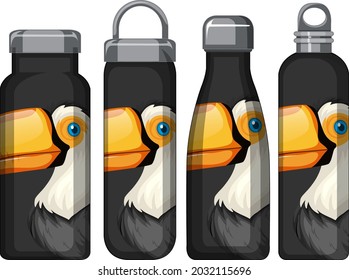 Set of different thermos bottles with toucan bird pattern illustration