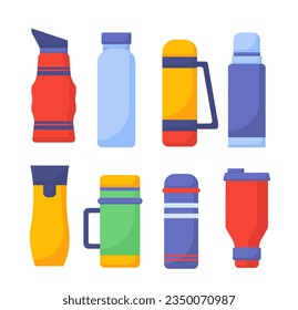 Set of different thermoses concept. Colorful containers for water and coffee or tea. Equipment for tourtists and travelers. Cartoon flat vector collection isolated on white background