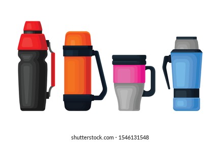 Set of different thermoses. Vector illustration on a white background.