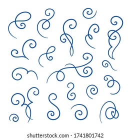 Set of different thin, elegant, curly swirls and flourishes for decoration. Hand drawn doodle cartoon vector illustration.