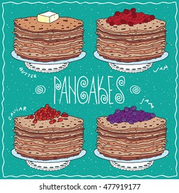 Set of different thin pancakes, with slice of butter, red berries, cherry or currant, red caviar, blue berries, blueberry or currant. Handmade cartoon style