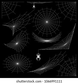 Set of Different Thin Spider Web for Halloween Greeting Template on White Black