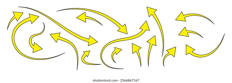 Set of different thin straight and curved arrows for work flow charts, video clips or info graphics. Colors thin arrows.Side up down thin arrows.