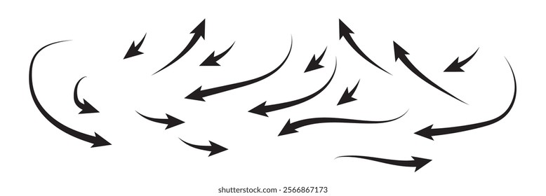 Set of different thin straight and curved arrows for work flow charts, video clips or info graphics. Colors thin arrows.Side up down thin arrows.