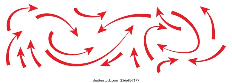 Set of different thin straight and curved arrows for work flow charts, video clips or info graphics. Colors thin arrows.Side up down thin arrows.