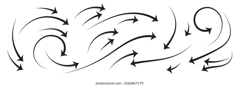 Set of different thin straight and curved arrows for work flow charts, video clips or info graphics. Colors thin arrows.Side up down thin arrows.