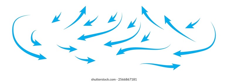 Set of different thin straight and curved arrows for work flow charts, video clips or info graphics. Colors thin arrows.Side up down thin arrows.