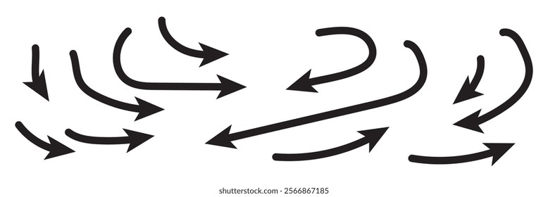 Set of different thin straight and curved arrows for work flow charts, video clips or info graphics. Colors thin arrows.Side up down thin arrows.