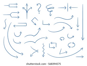 Set of different thin straight and curved arrows for work flow charts, video clips or info graphics. Hand drawn doodle cartoon vector illustration.