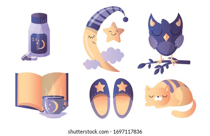 Set of different things in thematic of healthy sweet sleep. Vector illustration in a flat cartoon style.