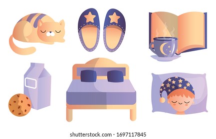 Conjunto de diferentes cosas en el tema del sueño saludable dulce. Ilustración vectorial en un estilo plano de caricatura.