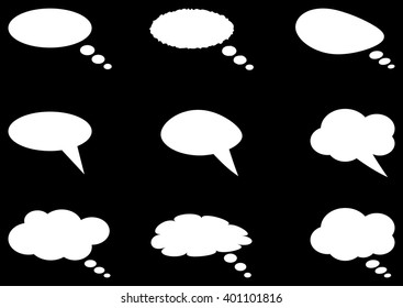 Set of different thought cloud nine white objects on a black background
