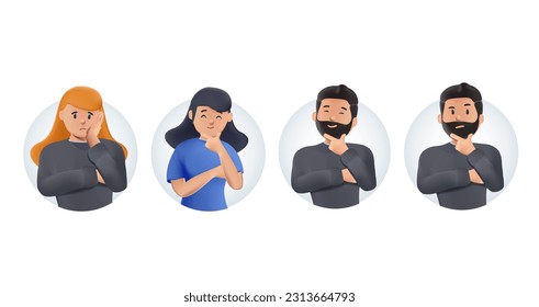 Set of different thoughtful people 3D vector illustration. Collection of various man and woman thinking or making decision isolated on white. Colorful pensive person, touching head or chin. 3D vector