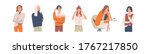 Set of different thoughtful people vector illustration. Collection of various man and woman thinking or making decision isolated on white. Colorful pensive person sit on table, touching head or chin