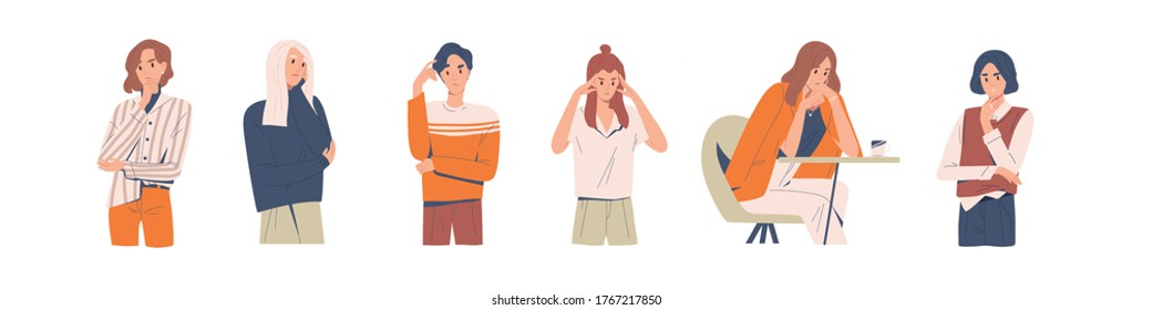 Set of different thoughtful people vector illustration. Collection of various man and woman thinking or making decision isolated on white. Colorful pensive person sit on table, touching head or chin