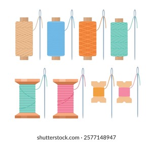 Set different threads and needles. Hobby tailor equipment. Knitting embroidery rolls, knit bobbins, dressmaking elements. Handmade accessory cartoon flat style isolated vector collection