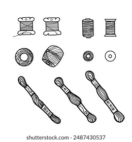 Set of different threads spools for sewing and embroidery, knitting or macrame, top and side view. Hand drawn Vector illustration of Skeins. Spools for seamstress, handicraft in doodle style, isolated