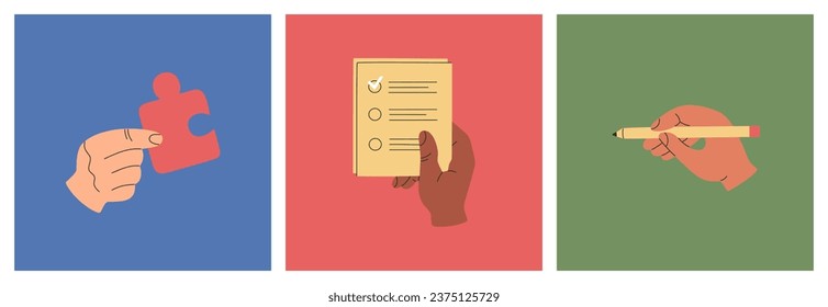 Set of different three human hands with objects. Arms holding a puzzle, blank of paper and pen. Hand drawn vector illustration isolated on colorful background. Modern flat cartoon style.