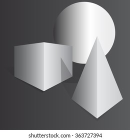 Set of different three-dimensional shapes on a black background. Box, pyramide, ball