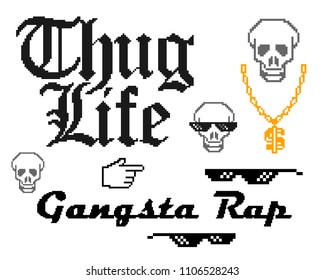 Set with different Thug Life inventory. Sunglasses and Gangsta Rap on the white background