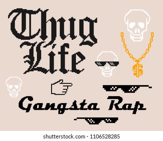 Set with different Thug Life inventory. Sunglasses and Gangsta Rap