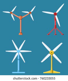 Set of different tidal power station rotters. Clean water energy source. Innovation power station. Vector illustration.