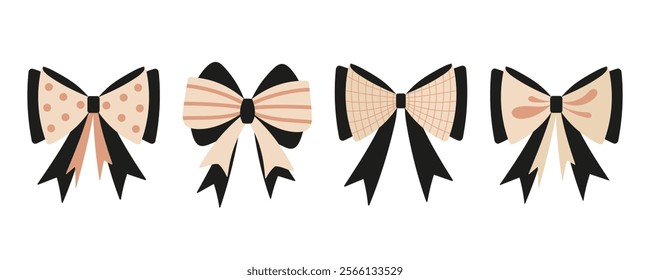 Set of different tied bows and gift ribbons in retro style. Hand drawn vector illustration. Perfect for creating holiday decor, wrapping paper, fabric, stickers to decorate Christmas gift wrapping.