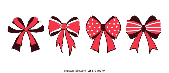 Set of different tied red bows and gift ribbons in retro style. Hand drawn vector illustration. Perfect for creating holiday decor, wrapping paper, fabric, stickers to decorate Christmas gift wrapping