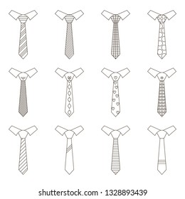 Set different ties isolated on white background. Black and white vector tie icon. Tie for man.