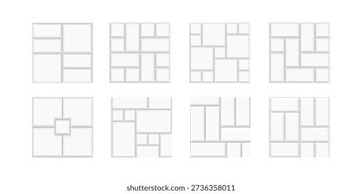 Set of different tile patterns with squares and rectangles. White ceramic wall textures. Kitchen backsplash or bathroom floor backgrounds. Interior or exterior mosaic decorations. Vector illustration.