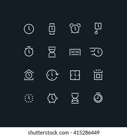 Set of different time icons. Clock, watch, calendar, sand watch, chronometer. Line art vector illustration. Clock set. Clock line icon. Clock logo. Clock interface icon. Clock app icon