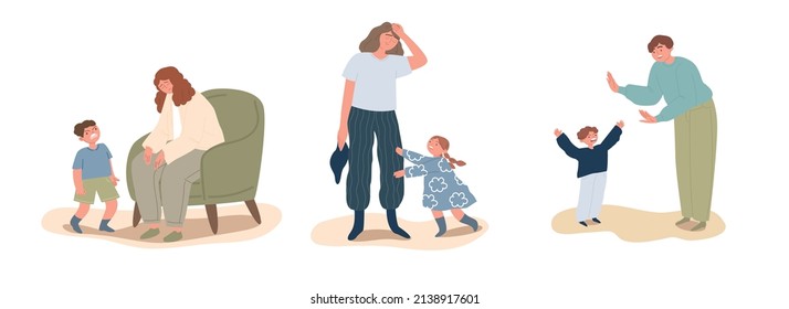 Set different tired parents. An exhausted woman parental responsibilities. Child requires attention. The concept of the difficulties of motherhood. Vector cartoon flat illustration.