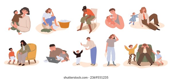 Set different tired parents. A woman and men parental responsibilities. Household chores, parenting. The concept of the difficulties of motherhood. Vector cartoon flat illustration.