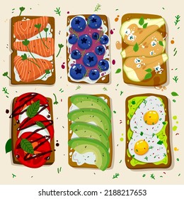 Set of different toasts with various toppings. Healthy food with toasted bread, fresh vegetables, eggs, tomatoes, salmon, avocado, pear, honey, blueberry, mozzarella ingredients. vector set isolated svg